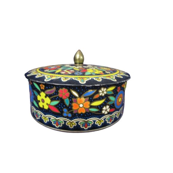 Daher Other - Daher Cloisonne Style 1970s Vintage Hand Painted Floral Biscuit Tin with Lid GUC